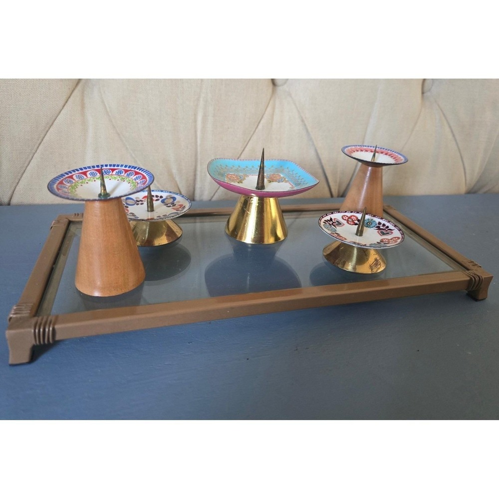 Mid Century Austrian Enamel Candle Holders Set 5 Tray Handmade Vintage Steinbock - Picture 4 of 6